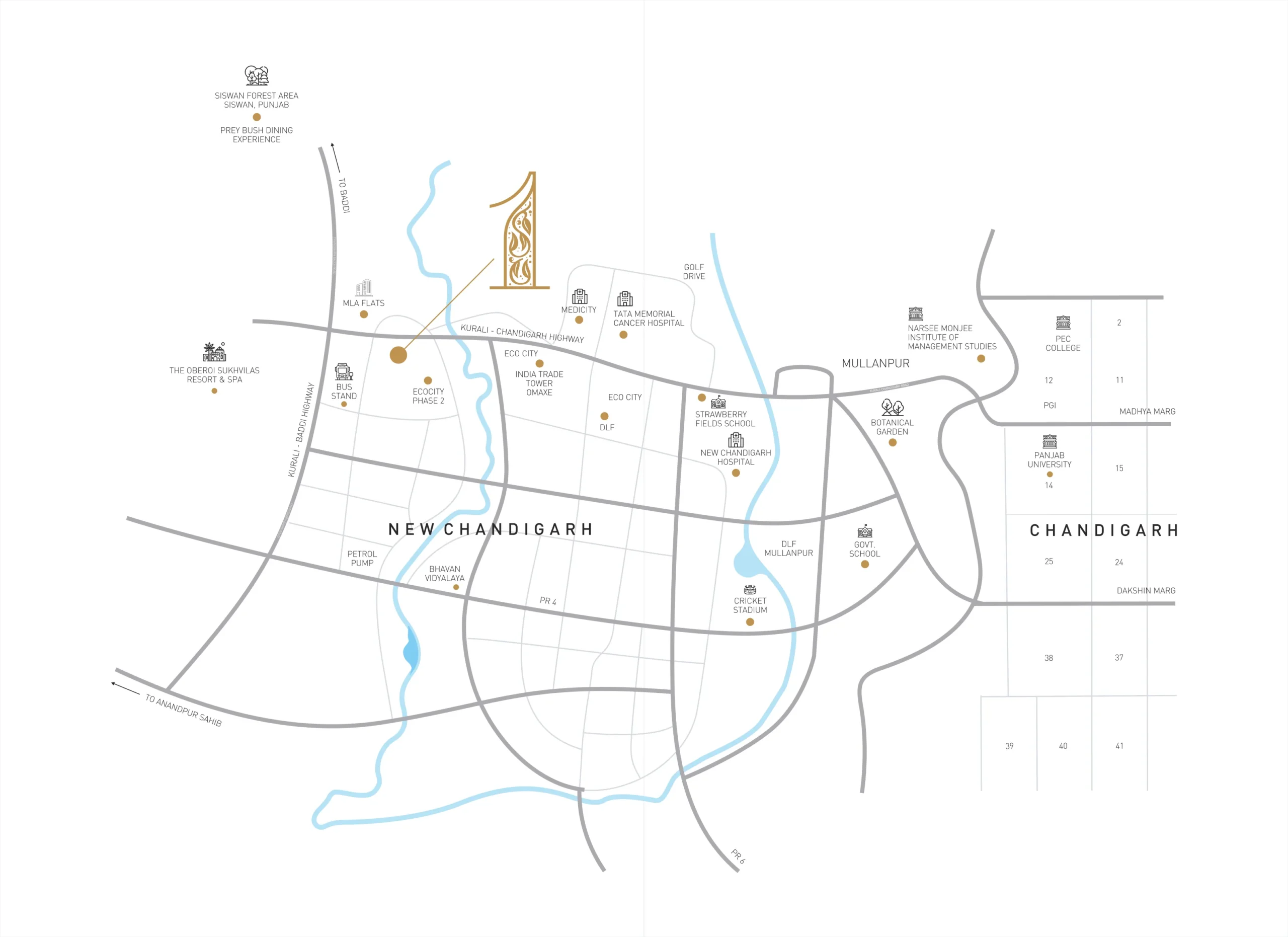 GB Realty Opus One New Chandigarh location map from the project brochure showing the site and nearby landmarks